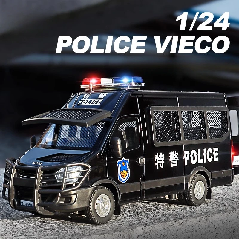 1:24 Alloy Diecast Police Cars Bus Model Toys with Light Sound Vehicle Rubber Tires Decoration Autos Toy for Kid Festival Gifts