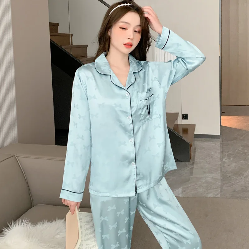 Women 2 Piece Pajamas Sets Bow Print Pijama Faux Silk Satin Lapel Pyjama Female Sleepwear Long Sleeve Shirt Pants Homewear