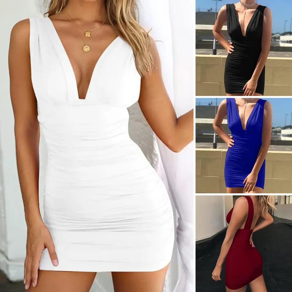 

Women Summer Dress Deep V Neck Sleeveless Solid Color Pleated Soft Tight High Waist Sheath Pleated Elastic Party Club Mini Dress