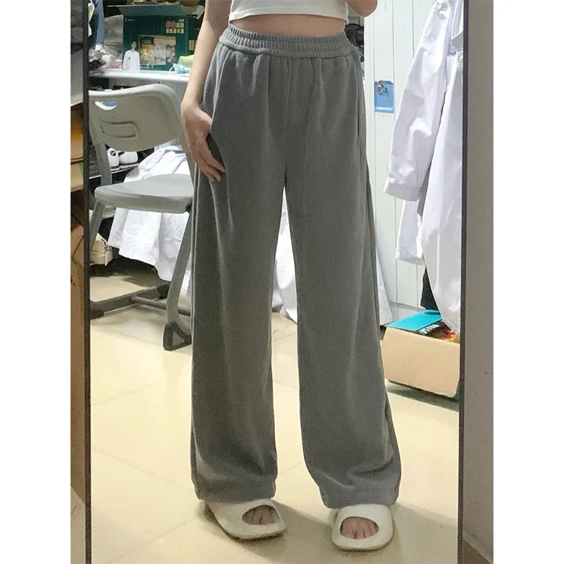 American sle fce forrado calças femininas inverno novo casual solto em linha reta ey calças esportivas tamanho pequeno calças de perna larga