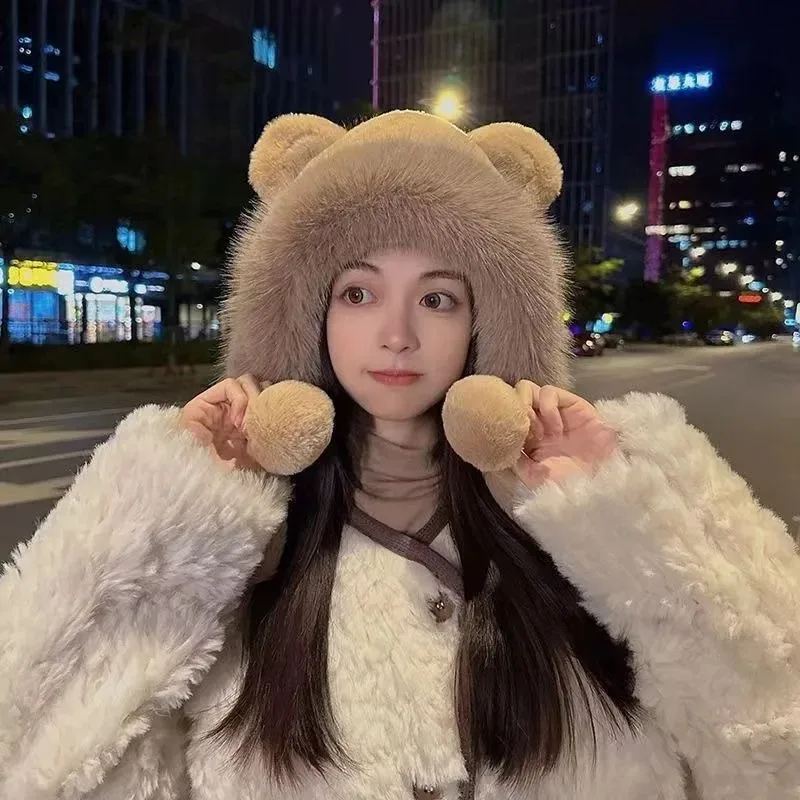 Cappello invernale in peluche con orso Protezione per le orecchie da ciclismo all'aperto Cappello in pile caldo addensato per ragazze Cappello casual da donna Elementi essenziali per il calore