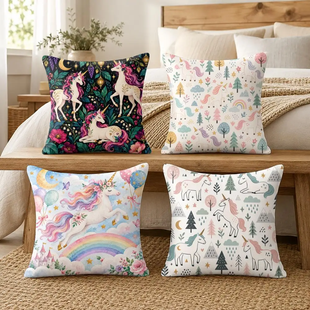 Kids Unicorn Pink & White Cushion Cover Soft Short Plush Pillow Cases Hidden Zipper Cutecore Sofa Bedroom Home Decor Gift