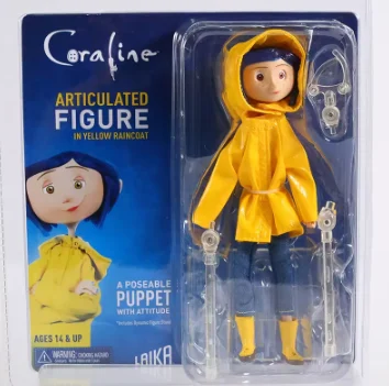 Coraline actiefiguur 7 inch ABS PVC speelgoedpop met gestreept shirt en gele regenjas verzamelmodel voor animefans kinderen