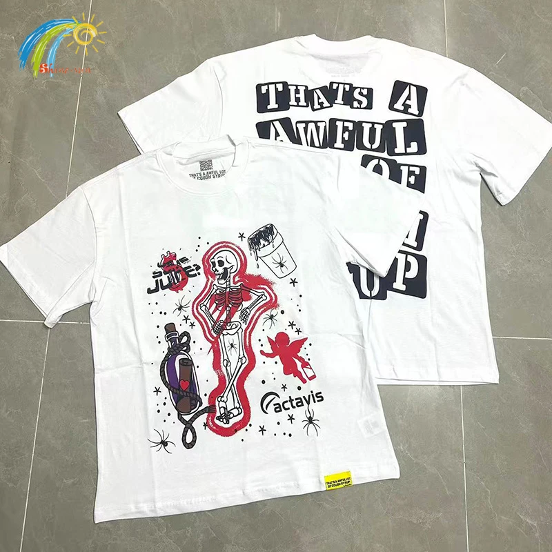 

Классическая футболка High Street Skeleton Graffiti с буквенным принтом THAT'S A AWFUL LOT OF COUGH SYRUP для мужчин и женщин, повседневная белая свободная футболка