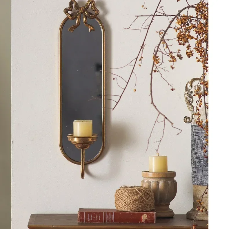 A13 Retro Wall Mirror, Medieval Iron Art Vanity Mirror, Multi-functional Wall-mounted Candlestick Entrance Mirror