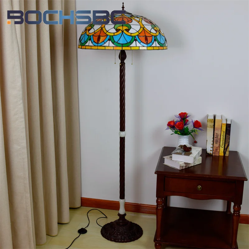 BOCHSBC Tiffany American style stained glass floor lamp Art Deco Living Room Dining Room Bedroom Bedside bar Jade standing lamp