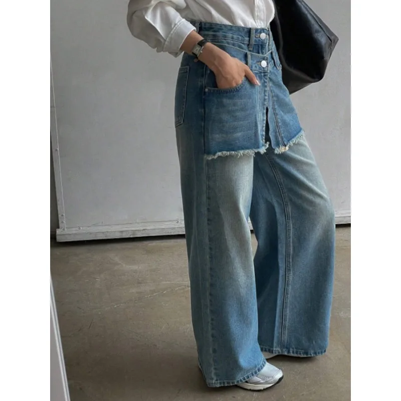 2026 Summer New Women Fake Two Piece Denim Jeans Raw Edge Layered Wide Leg High Waist Vintage Street Trousers