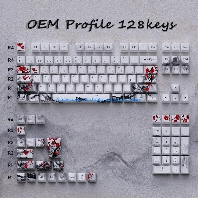 77JD Keycaps Plum Blossom Keycaps 128-Key OEM 5Sides Sublimations Multiple Languages For Mechanical Keyboards Keycap Set