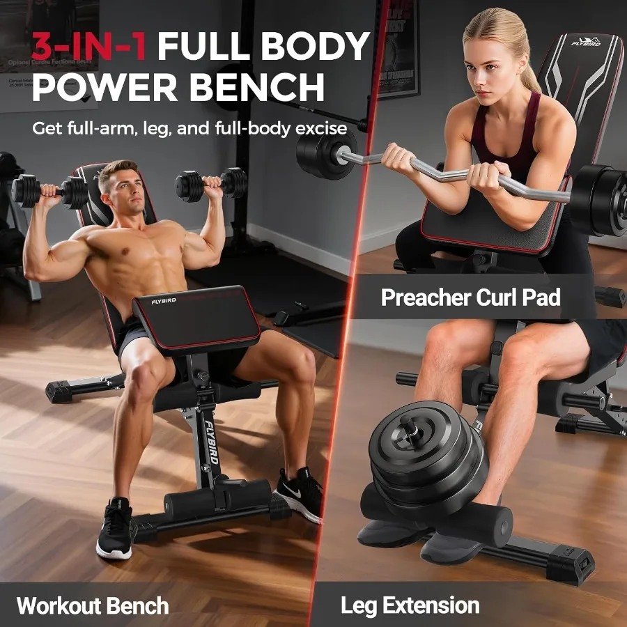 3 in 1 Adjustable Weight Bench with Leg Extension Preacher Curl Pad for Full Body Workout at Home Gym Foldable Exercise Bench S