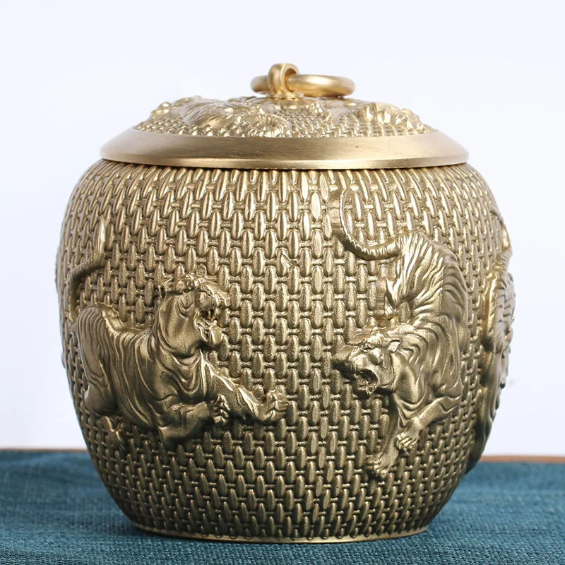 Brass-made Five Tigers Tea Canister with Relief Carving, Large Capacity