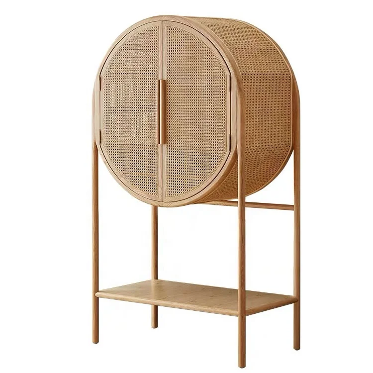 

* Luxury Restaurant Furniture Mid Century-style Solid Oak Double Door Rattan Weaving Storage Cabinet