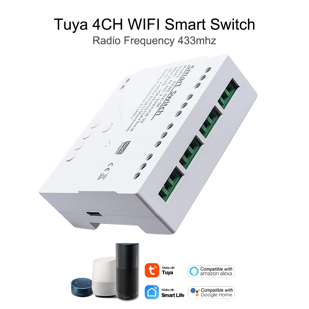 Tuya 4CH Relay Smart Wifi Switch Module 7-32V 110V 220V 2200W Receiver RF 433Mhz Work with Alexa Google Assistant