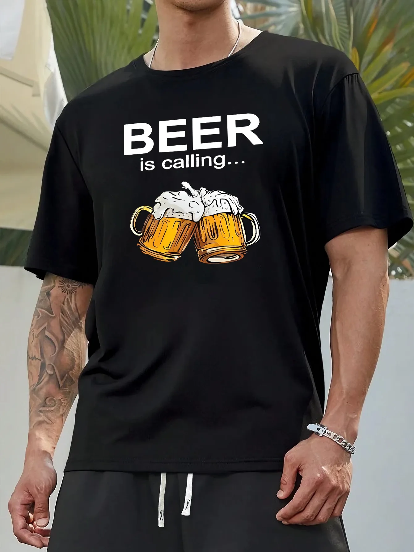 Men Beer Mug Cheers Graphic Tee Beer Is Calling Funny Print Cotton Short Sleeve Crew Neck Bar Pub Daily Casual Street Basic Top