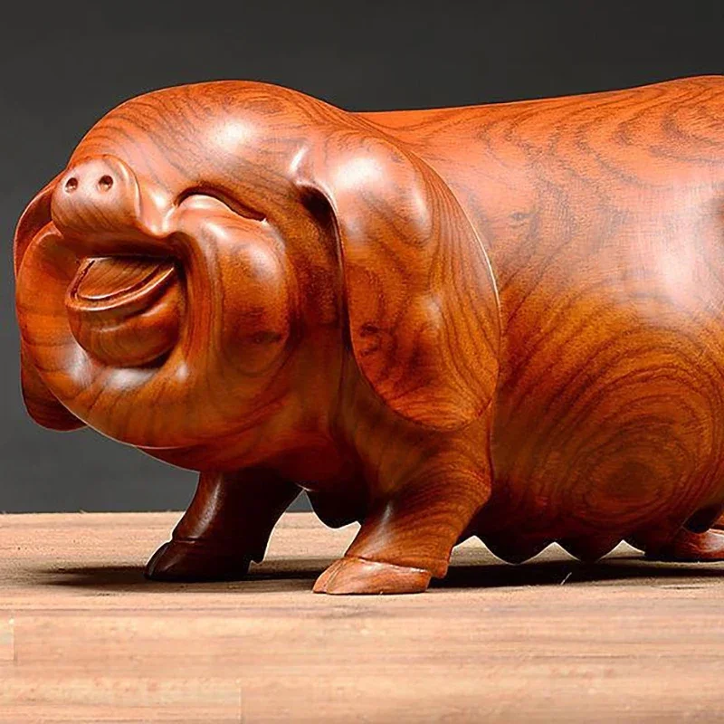 Feng Shui Wooden Crafts Carving Handmade Pig Figurines Mahogany Home Accessories Office Desktop Ornament Lucky Gift