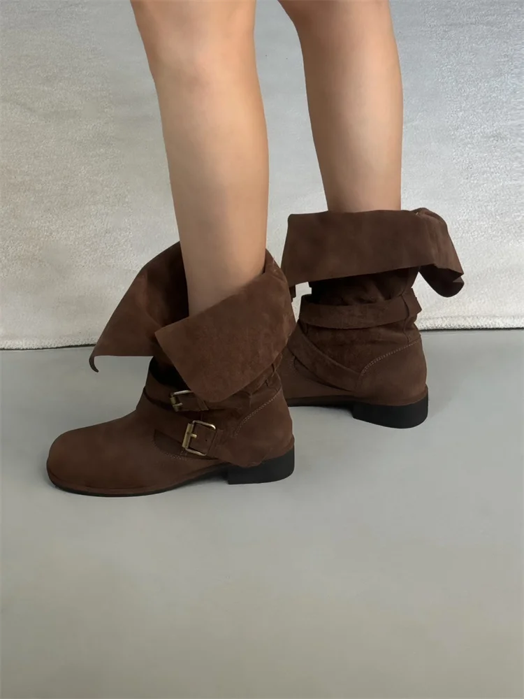 

Корейские женские ботинки с круглым носком и квадратным каблуком, бархатные мотоциклетные ботинки до середины икры с поясом, модные осенне-зимние ботинки