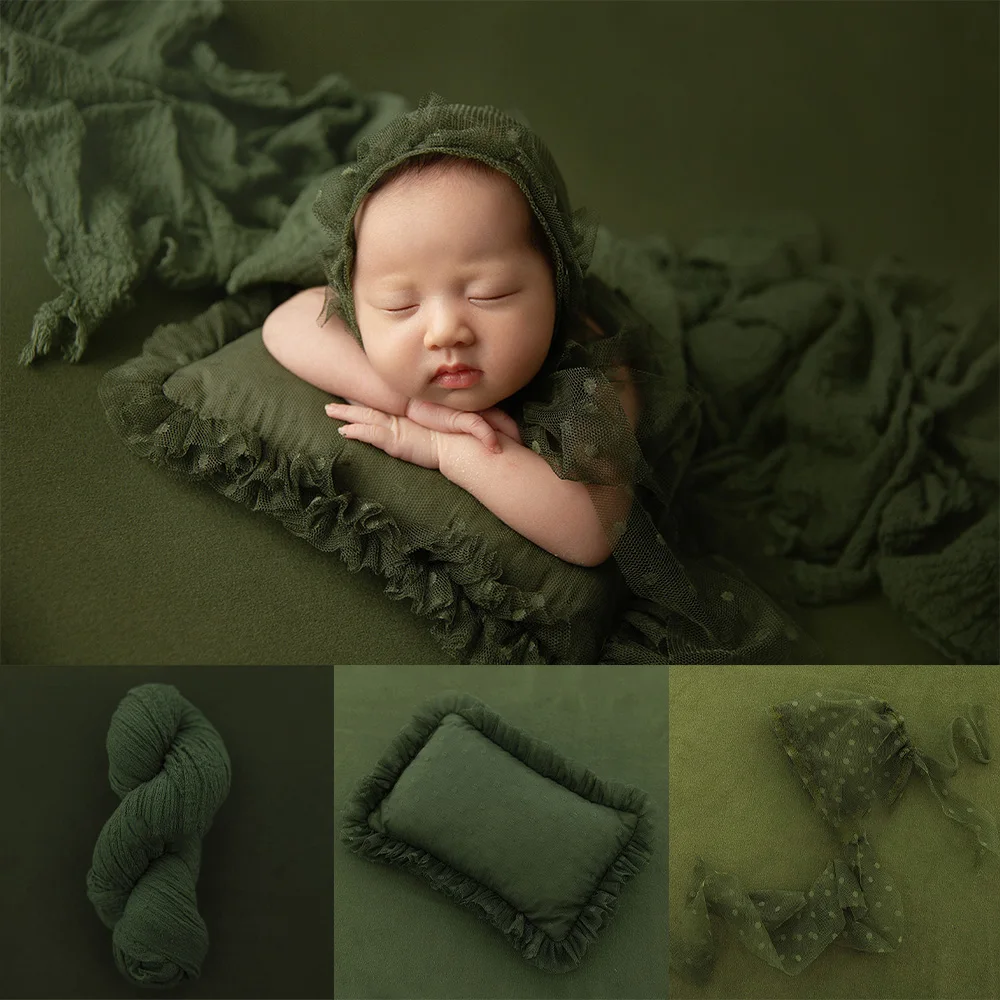 Accessoires de photographie pour nouveau-né, gaze de coton, enveloppes douces et extensibles, ensemble d'oreillers et de chapeaux en dentelle, accessoires de séance photo en Studio à fond vert