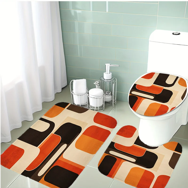 

Комплект для ванной из 3 предметов: коричнево-оранжевый, геометрический дизайн – современный абстрактный узор, фланелевая крышка для унитаза, коврик для унитаза и напольный коврик, мягкие, нескользящие, машинная стирка.