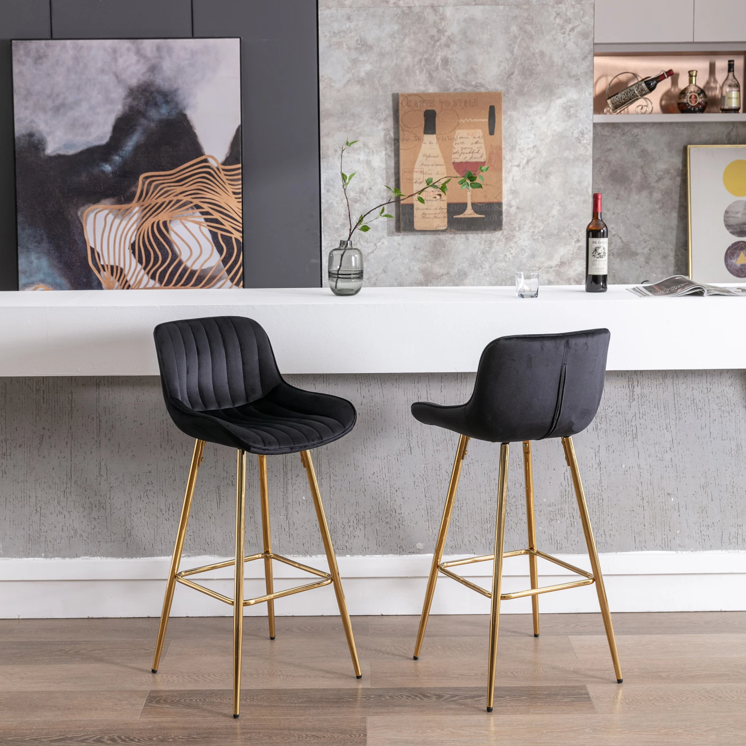 Ensemble de 2 tabourets de bar avec repose-pieds chromés, tabouret de comptoir en tissu velours, pied doré, tabouret de bar haut simple, noir, 30 po