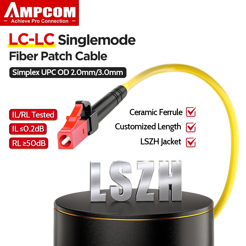 AMPCOM LC-LC Single Mode Simplex Fiber Optic Patch Cord OS2 SMF UPC 10Gpcs for Media Converter, ONT/ONU, Switch 2.0mm/3.0mm