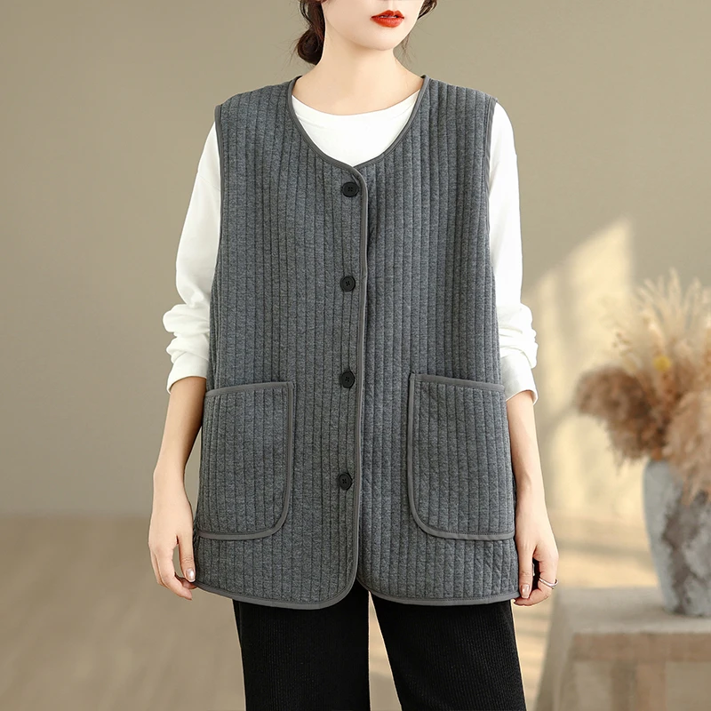 

Autumn Winter Retro Lightweight Vertical Stripe Texture Stitched round Ne Layering Quilted Cotton Vest Versatile Faionable