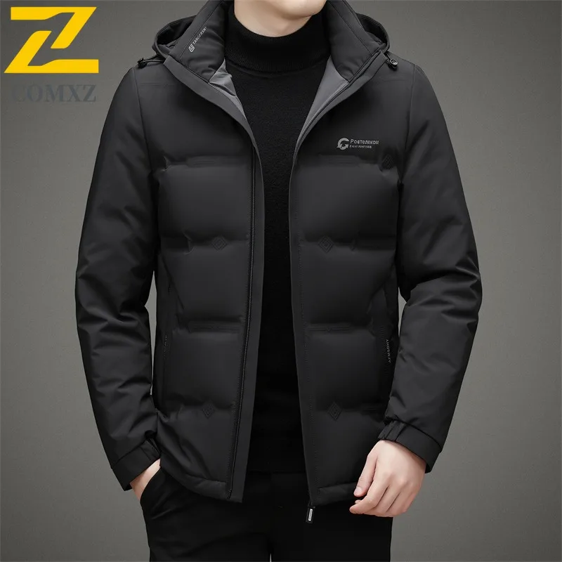 COMXZ Winter Men Down Jacket Hooded Detachable  Thickened Thermal Trend 90% White Duck Down Professional Coat Work Uniform 2025