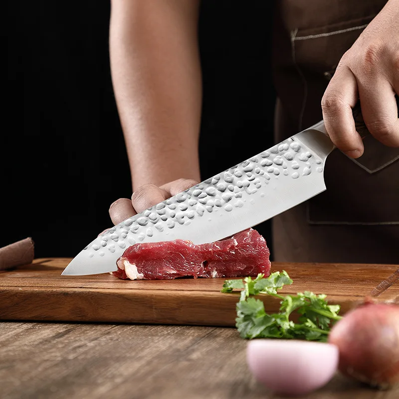 Forged Hammer Pattern Kitchen Knife Color Wood Handle Chef Knife Santoku Knife Universal Knife Fruit Knife