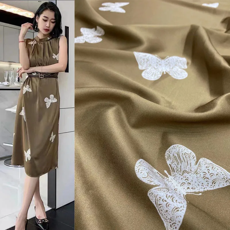 New Product Camel Base White Butterfly Print Stretch Twill Print Fabric Fashion Haute Couture Clothing Fabric 100% Mulberry Silk