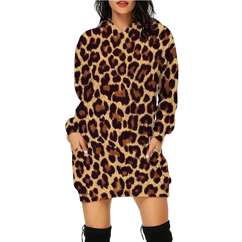 

New autumn casual women's 3D printed leopard print sexy hooded dress, long sleeved pullover, fashionable mid length hooded hood