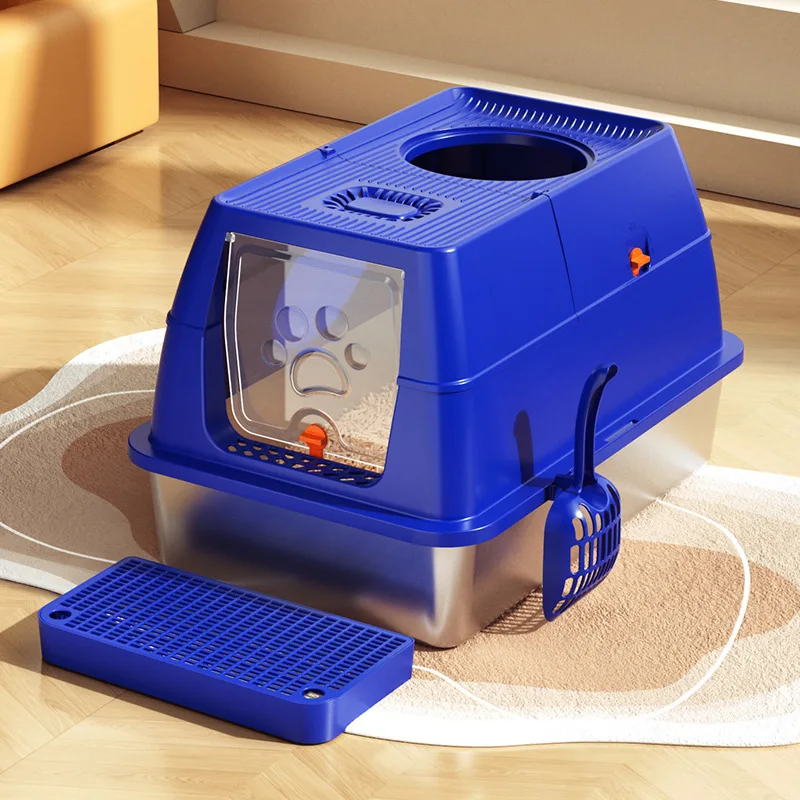 Fully enclosed flip stainless steel cat litter box anti-splash and anti-take out raised fence cat toilet