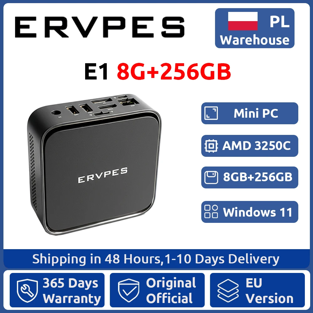 ERVPES E1 Mini PC AMD Ryzen 3 3250C 8GB DDR4 256GB SSD Windows 11 Pro Dwuzakresowe Wi-Fi BT5.2 Komputer biurowy Mini PC