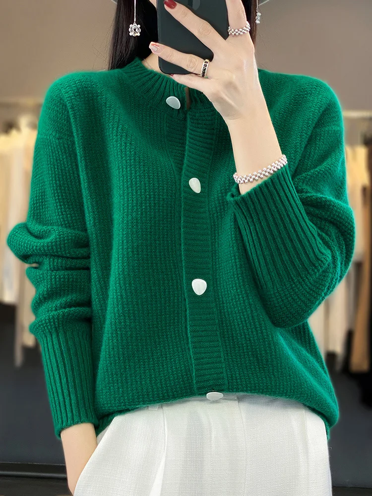 Light Luxury 100% Merino Wool Women Sweater Autumn Winter Long Sleeve O-Neck Cardigans Warm Cashmere Knitted Coat Fashion Tops