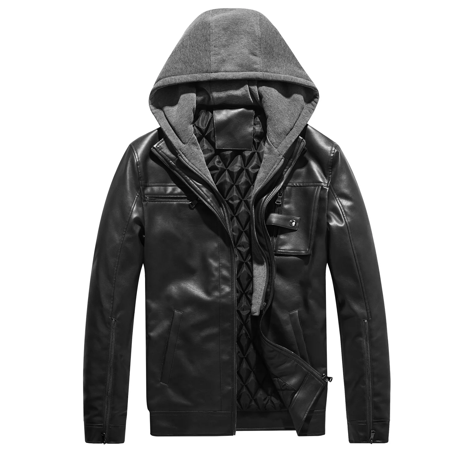 

Autumn Winter PU Leather Jacket Men US Size Motorcycle Detachable Hooded Suede Cotton Padded Thick Warm Windbreaker Coat