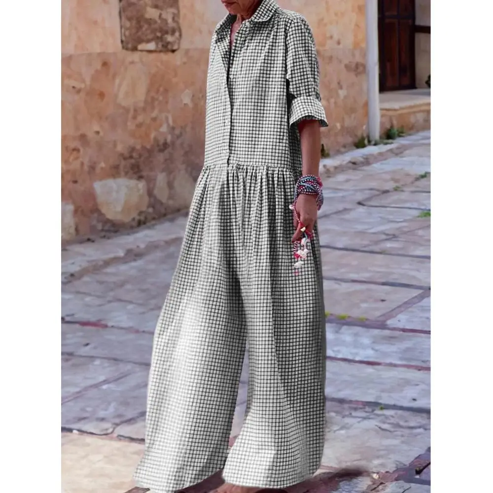 2024 Women's Jumpsuit Spring/Summer Clothing Full Body Loose Fit Long Sleeve Jumpsuit Plaid Elegant Dress Casual Pants