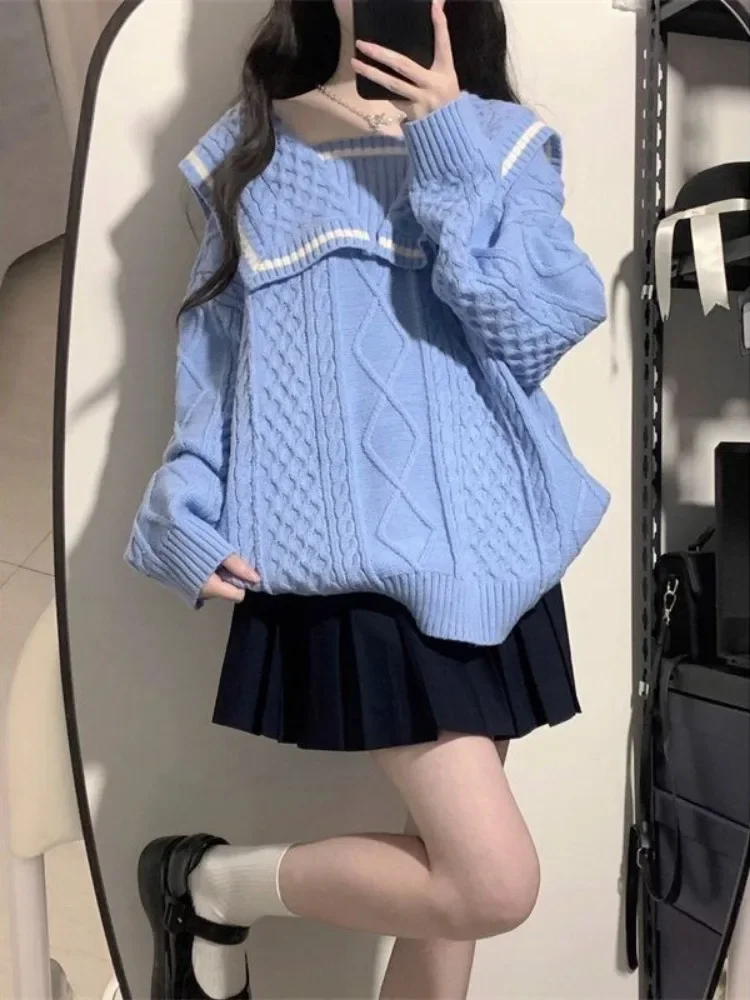 

Womens Knitted Harajuku Sweaters Contrast Color Pullovers Streetwear Sailor Collar Loose Top Y2k Aesthetic Twist Sweaters Female