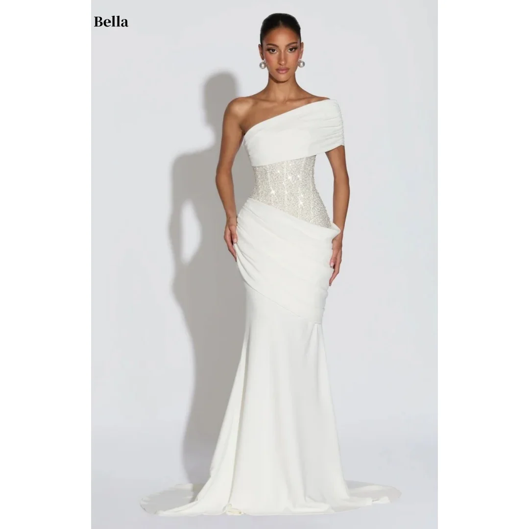 Bella Customized White One Shoulder Sequin Waist robes de soirée Mermaid Train Gown Elegant Party Dresses Stylish Prom Dress