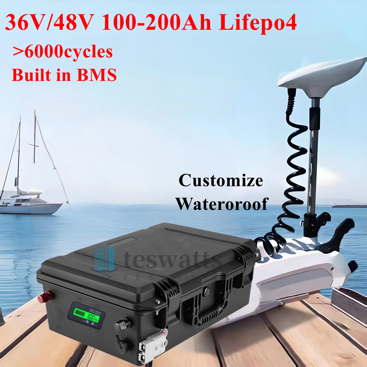 

BMS 12S 16S 36V 48V 100Ah 120Ah 150Ah 200Ah LiFepo4 Lithium Battery for 3600W 5000W Trolling Motor Motorhome Solar System RV