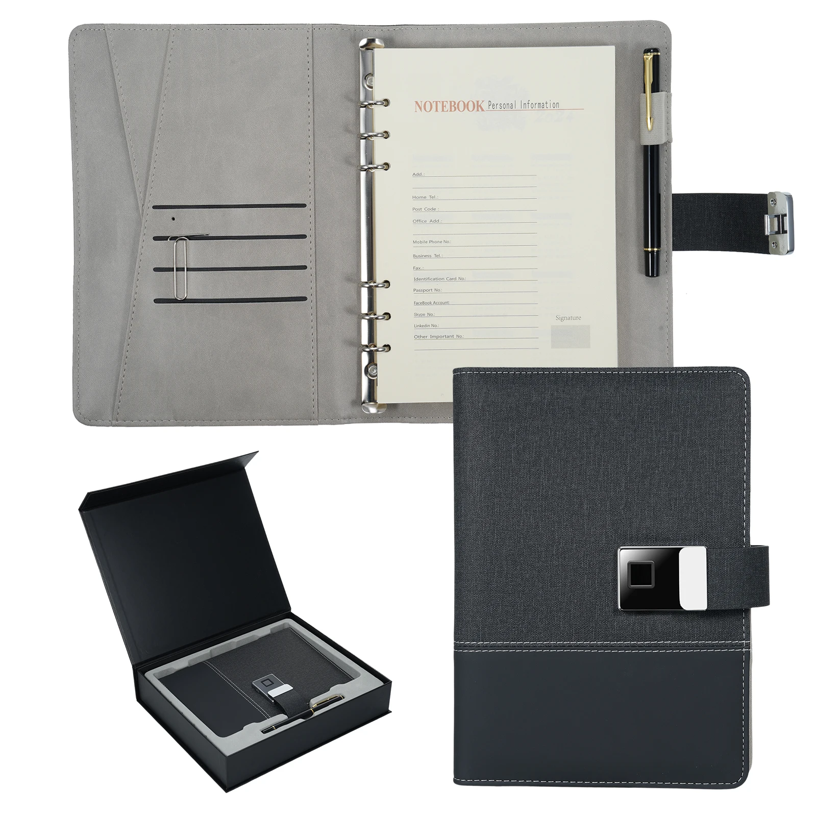 A5 Leather Notebook with Fingerprint Lock 16GB High-Speed USB Drive Lined Journal Planner 100-Page 6-Ring Binder 4 Card Slots