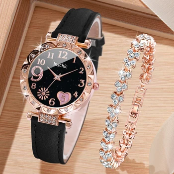 2/4/6PCS Fashion Rhinestone Women Watches Heart Dial Quartz Watch Casual Leather Band Wristwatches Bracelet Set(Without Box) 1