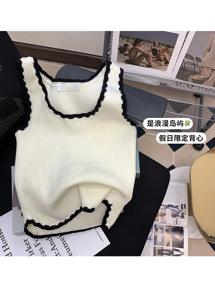 Women Solid U Neck Ribbed Crop Top Women Summer Basic Elastic Exposed Navel Tops Contrast Color Patchwork Mujer Knitted Camisole