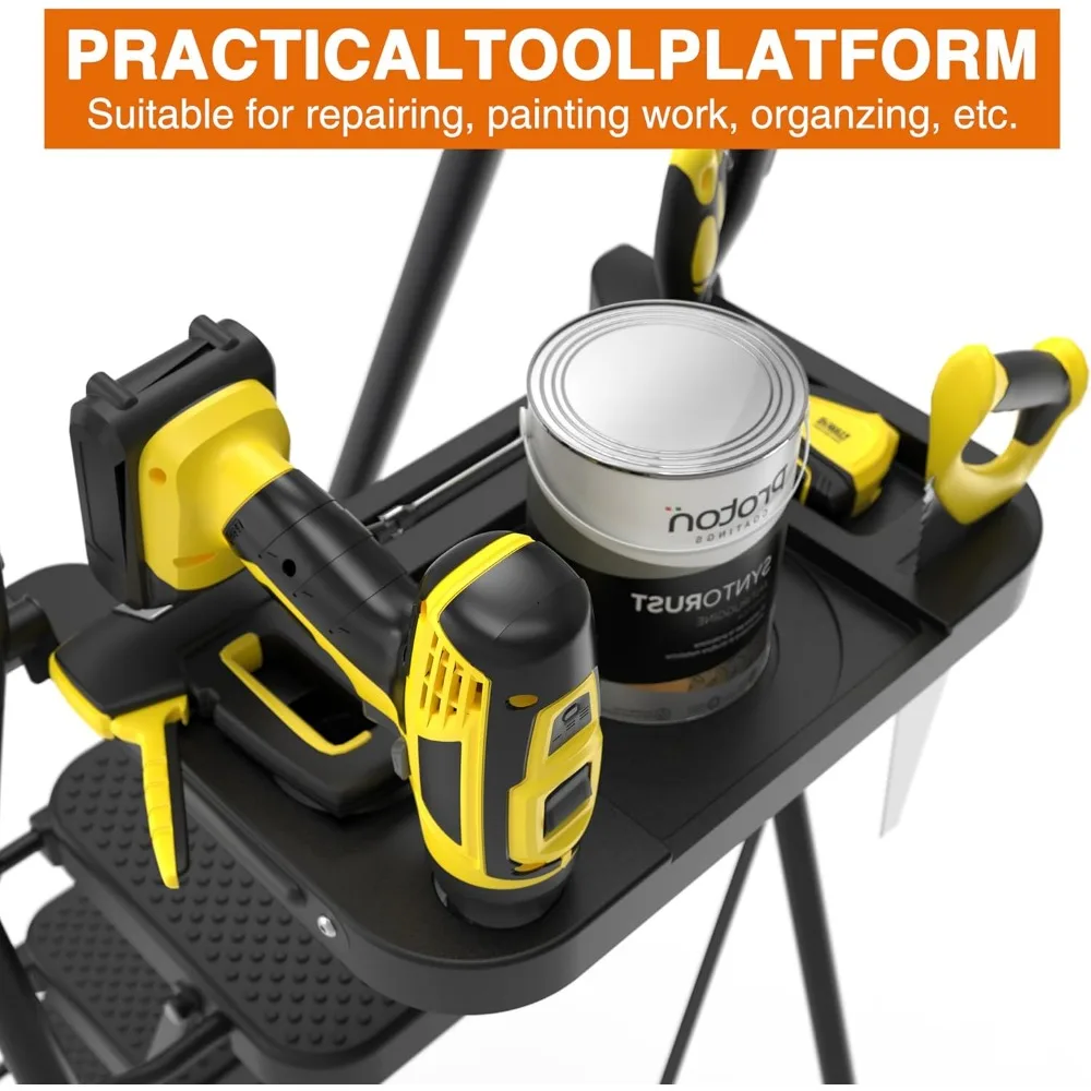 Portable Steel Folding Ladder with Wide Anti-Slip Treads, Tool Platform, Durable and Sturdy Construction, Black