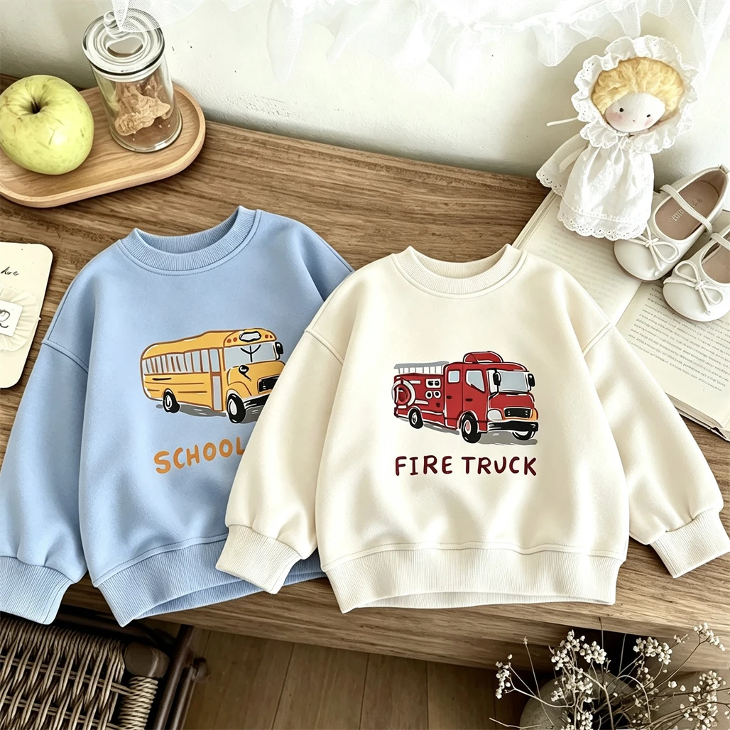 Fashion Hoodie Little Car Print Sweatshirts Loose Casual Autumn Clothing Round Neck Pullovers For 1-6Years Old Kids Unisex Tops