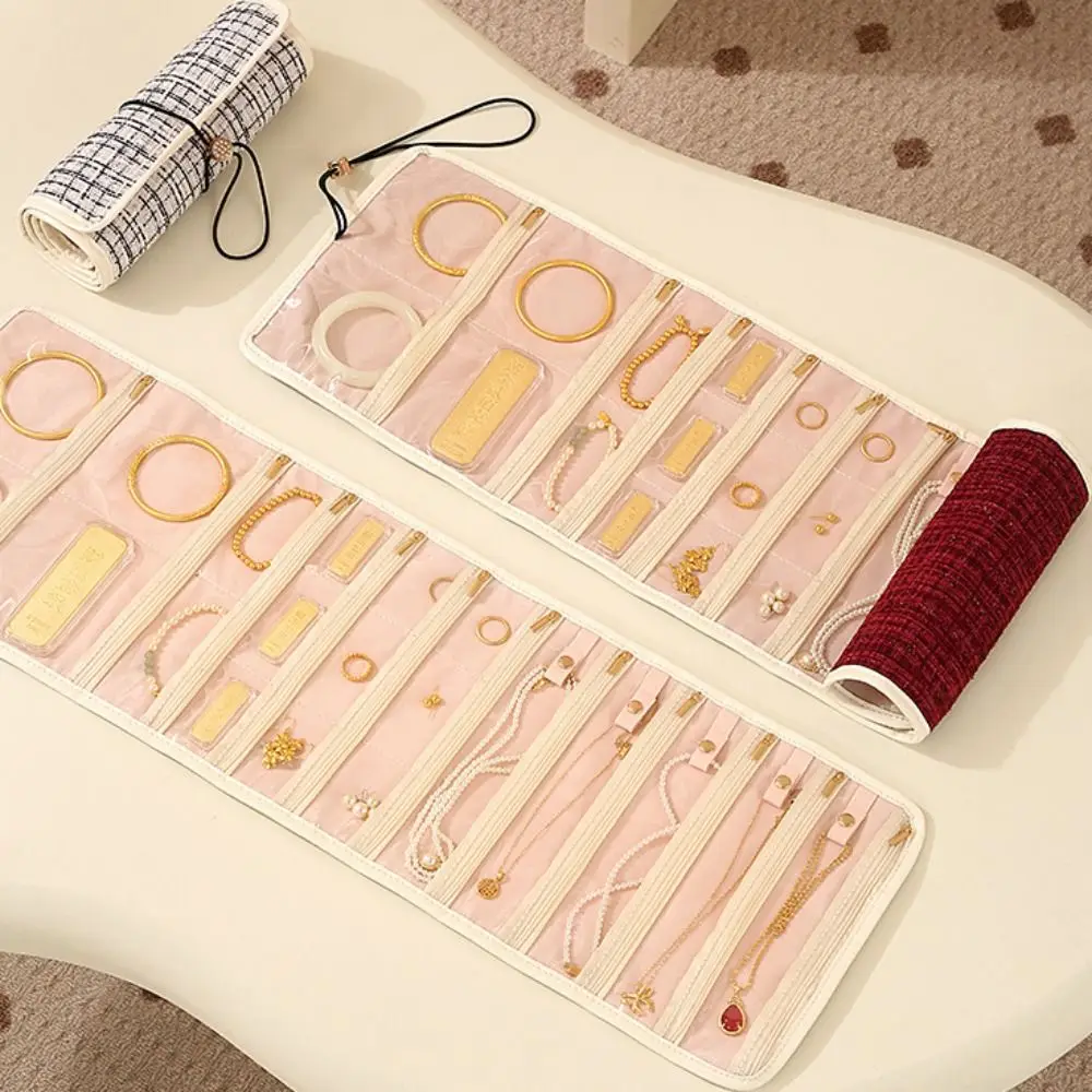 Foldable Travel Jewelry Storage Box Roll Style Zipper Closure Jewelry Case Organizer Multi-layer Foldable Jewelry Bag
