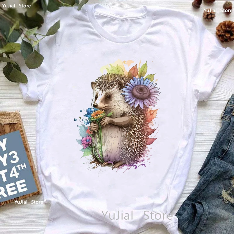 

Watercolor Kawaii Hedgehog Print T Shirt Women Clothes 2024 Funny Sunflower Tshirt Femme White Casual Short Sleeve T-Shirt