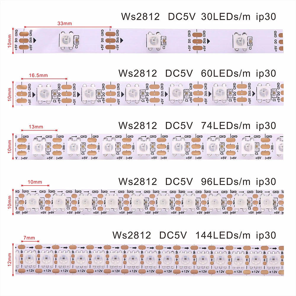 DC5V RGB WS2812B LED شريط قابل للعنونة بشكل فردي 1/2/3/4/5 متر 2812 بكسل ذكي مقاوم للماء IP30/65/67 أسود PCB أبيض PCB