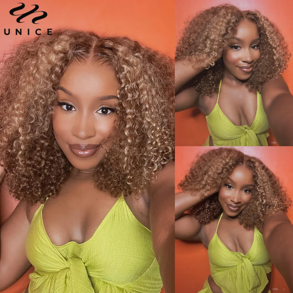 

UNice Hair Honey Blonde Curly Lace Wig Pre Bleached Pre Cut 7x5 Lace Closure Gluleless Wig Human Hair Lace Wigs Ready To Wear Go