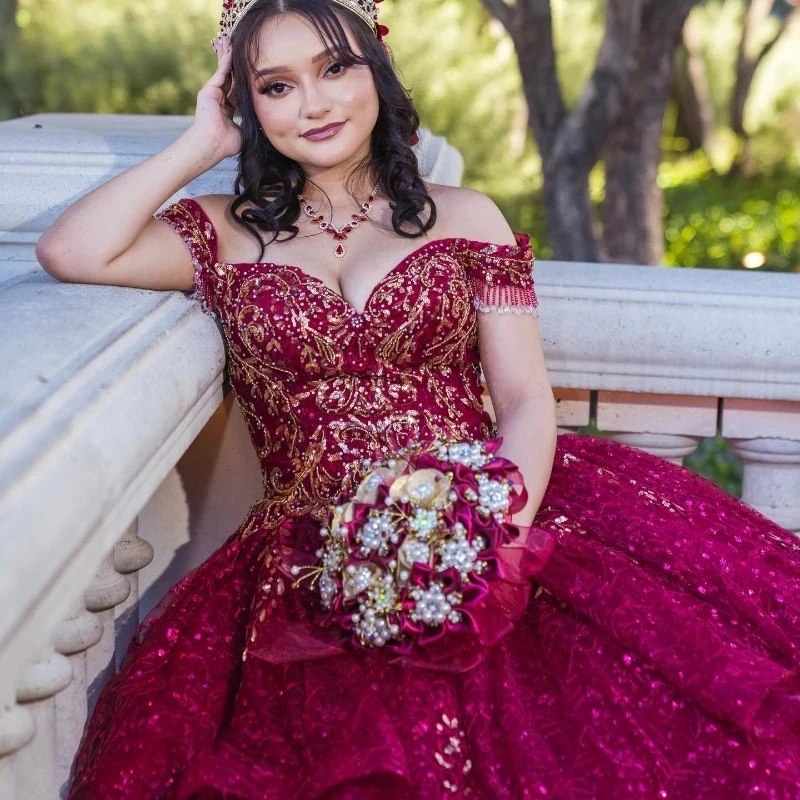 Luxury Ball Gown Quinceanera Dress 2024 Tulle Crystal Appliques With Cape Long Skirt Red Sweet 15 16 Birthday Chapel Train