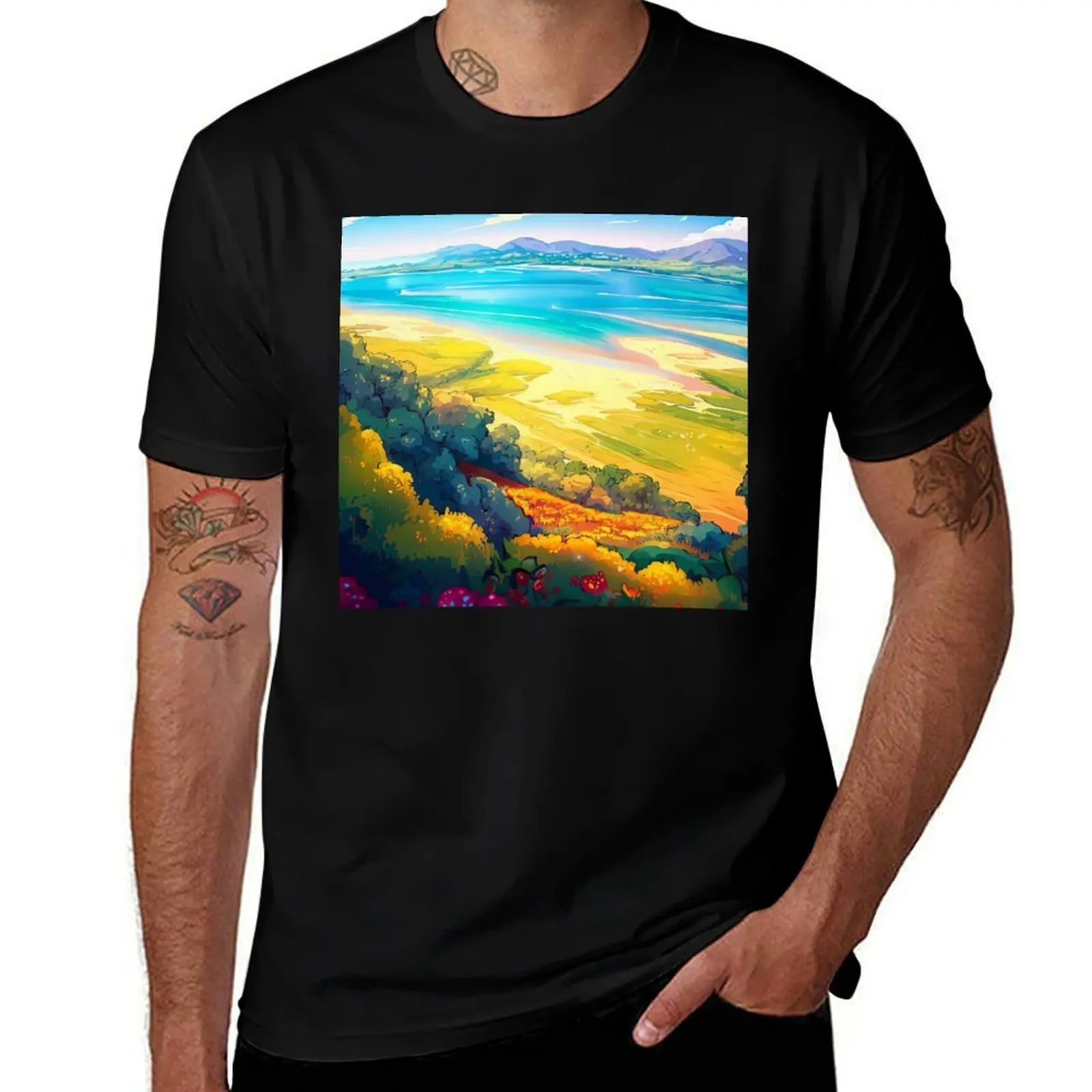 

Serene Spring Valley and Blue Bay - Watercolor Art Print T-Shirt Luxury man man clothes Louboutins funny t shirts men