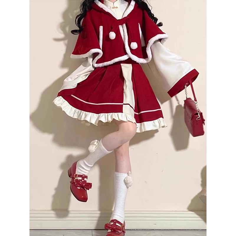 Women's Cos Costume Christmas Lolita Red Cape and Shirt Skirt Set Student Kawaii Cute Sweet Three-piece Set Winter New 2024