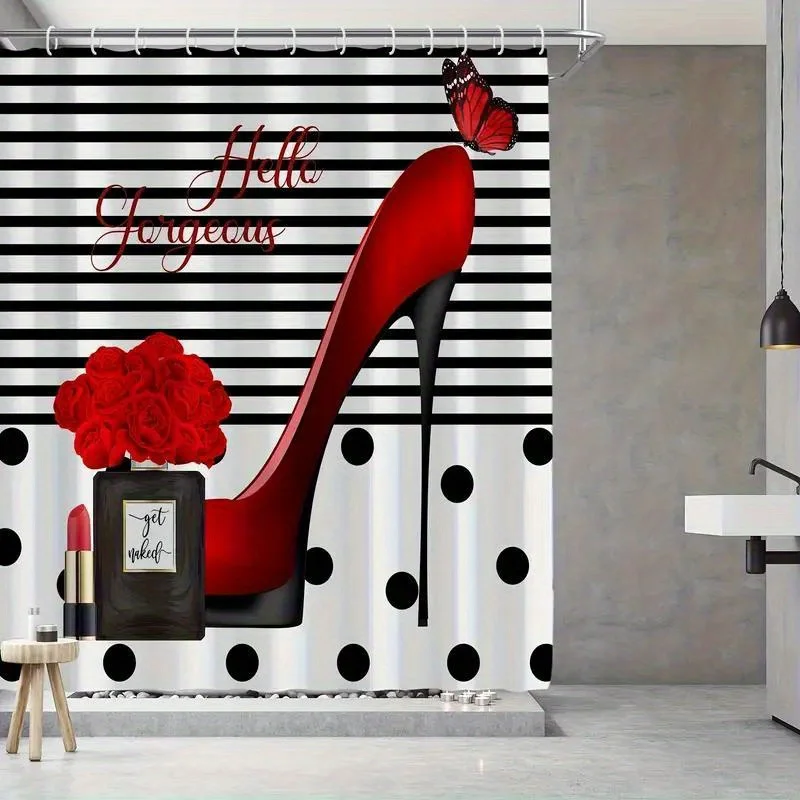 1/3/4pcs of Shower Curtain Set with Non-slip Carpet, Red High Heels and Cosmetics Bathroom Deco