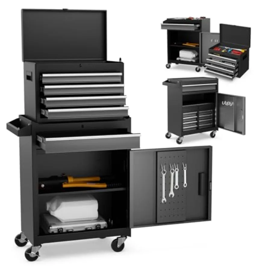 Garage workshop 5-drawer rolling tool chest: steel construction, black finish, lockable wheels + adjustable shelf + anti-slip l